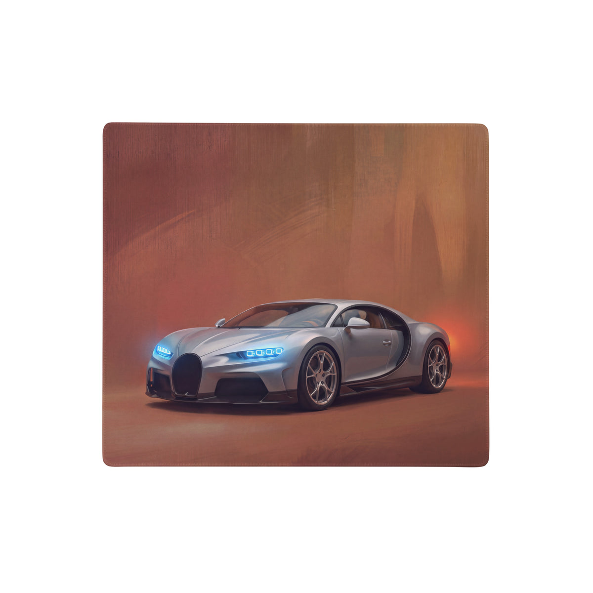 Silver bugatti chiron inspired horizon desk mat with glowing blue headlights and sleek aerodynamic sports car design