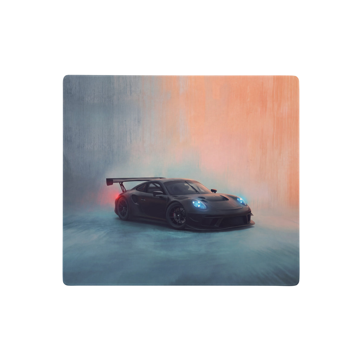Black porsche 911 gt3 inspired stealth shadow desk mat with low-friction cloth featuring glowing blue headlights design