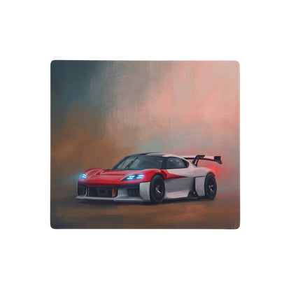 Red and white futuristic sports car design with glowing blue headlights on porsche mission r inspired rosso endurance desk pad