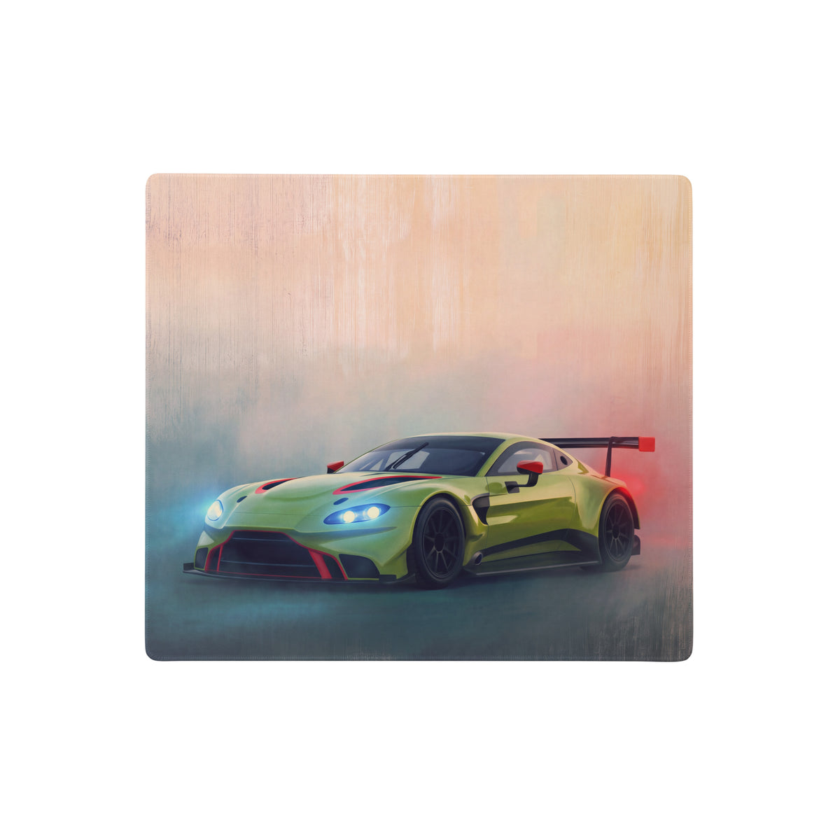 Aston Martin Vantage GT3 inspired lime edition desk mat with vibrant lime green race car and red accents on wooden plaque