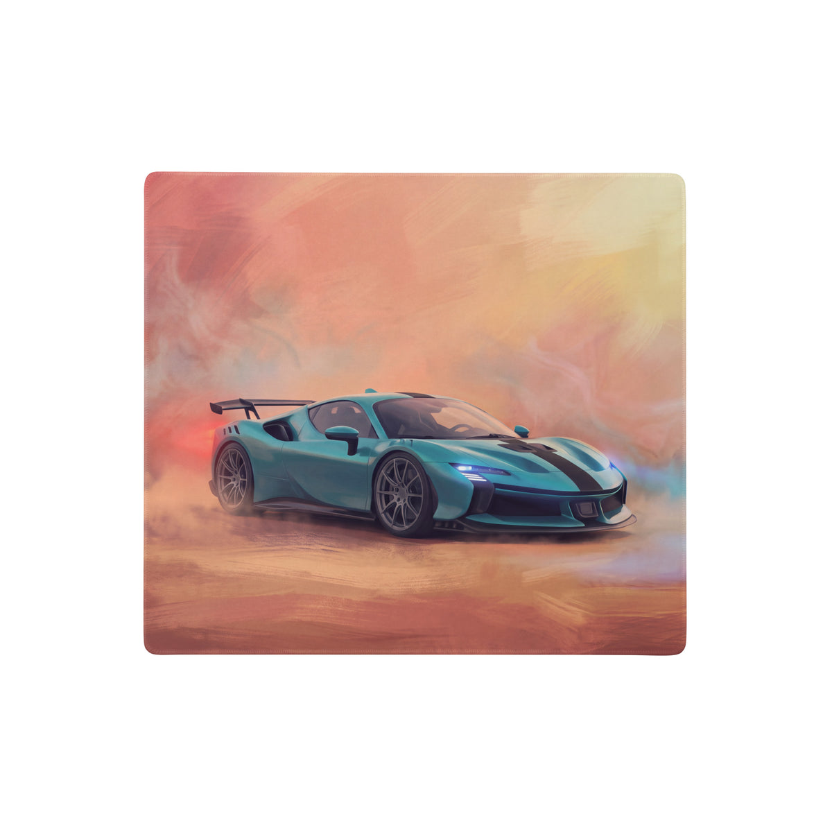 Turquoise sports car with black racing stripes and rear spoiler on ferrari sf90 xx inspired extended non slip desk pad