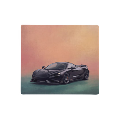 Black McLaren 720s stylized painting with glossy finish on McLaren 765LT inspired stealth Onyx desk mat mousepad