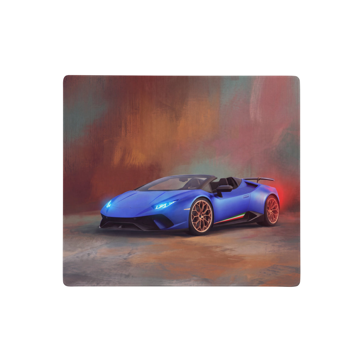 Vibrant blue lamborghini huracán spyder inspired blu cepheus desk pad featuring gold accented wheels and glowing headlights
