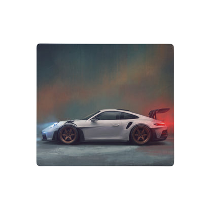 White porsche 911 gt3 rs inspired chalk white desk pad with bronze wheels and rear wing artistic rendering