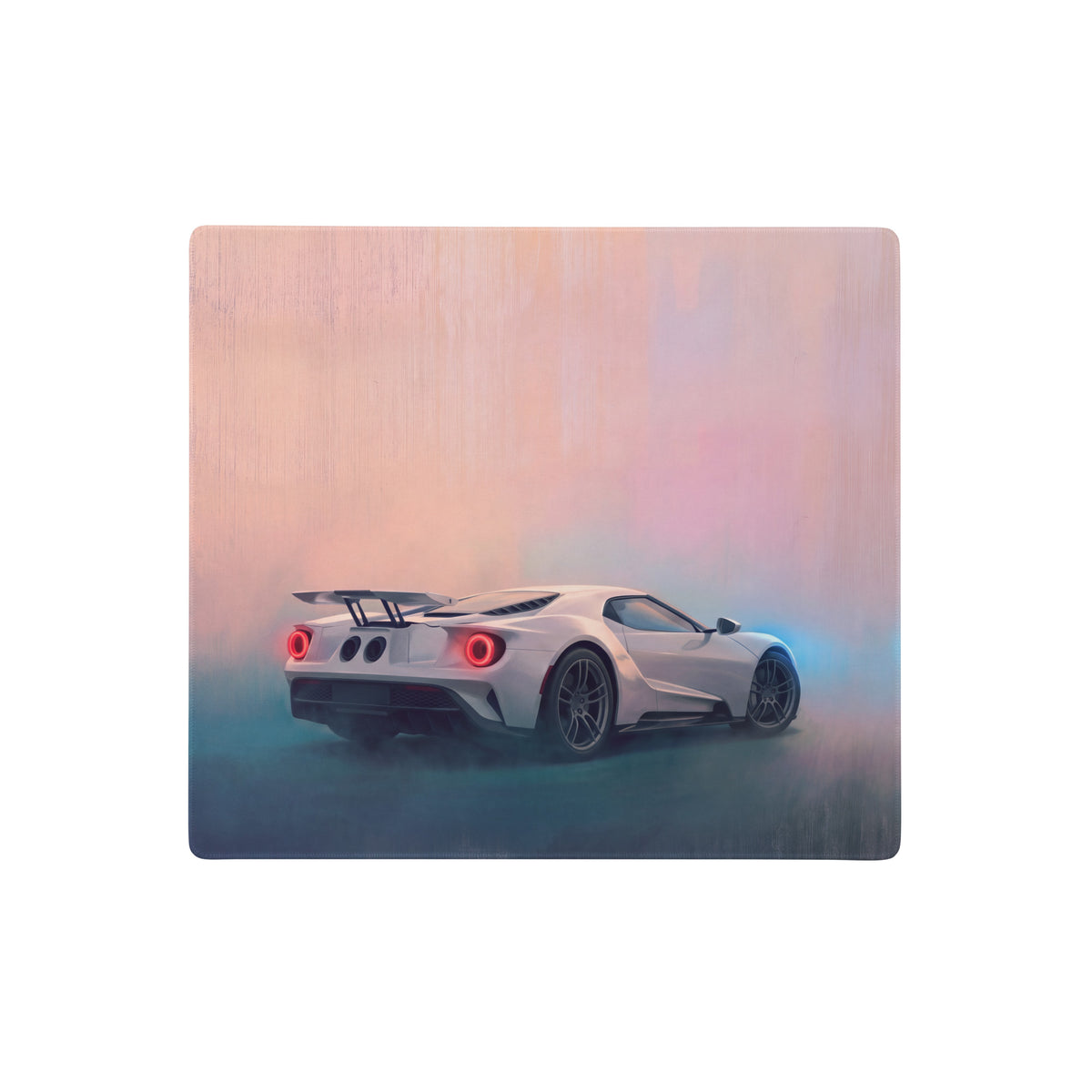 Ford gt inspired pure white desk pad featuring a stylized white ford gt with glowing red taillights and stitched edges