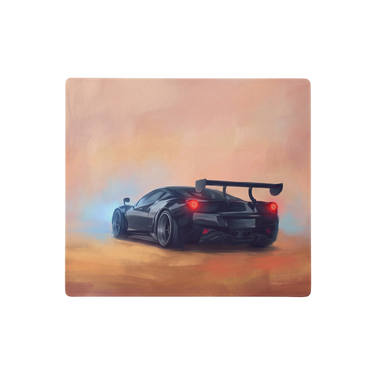 Black mclaren senna inspired papaya sunset desk mat with red taillights and rear spoiler artistic print for gaming