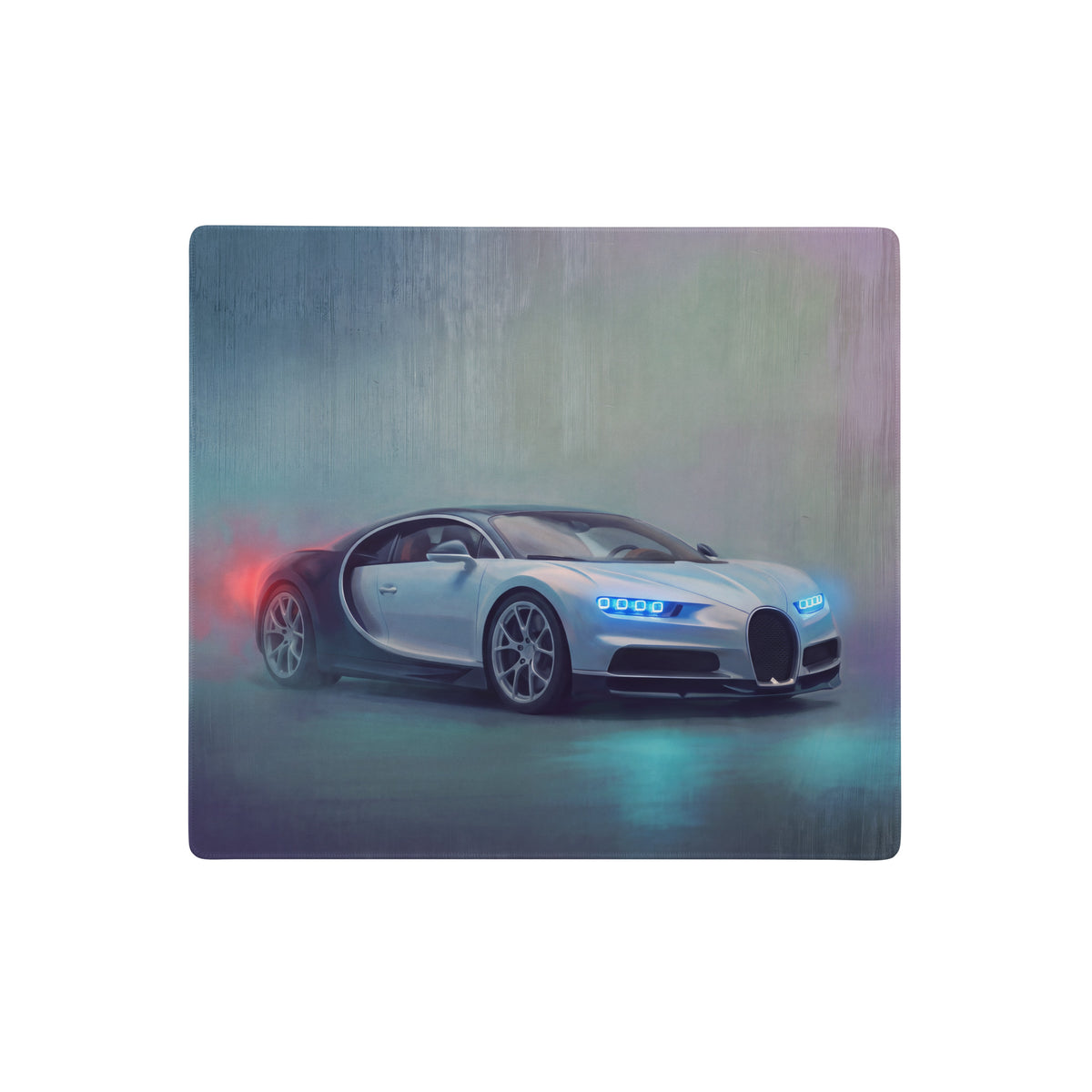 Silver Bugatti Chiron graphic printed on a glacier blue stitched edge rectangular gaming mousepad desk mat