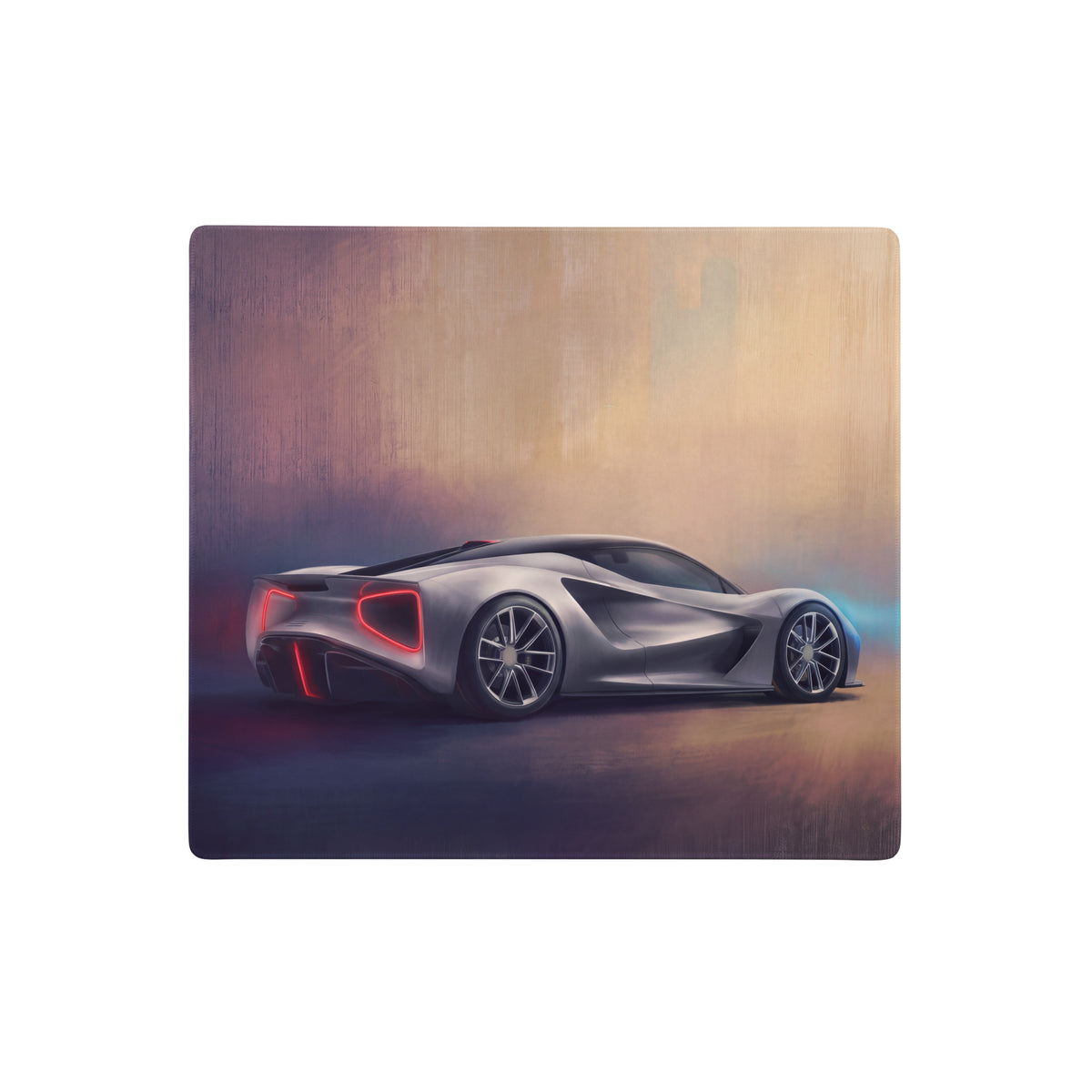 Silver futuristic sports car with glowing red taillights on a lotus evija inspired electric silver desk mat low friction cloth mousepad