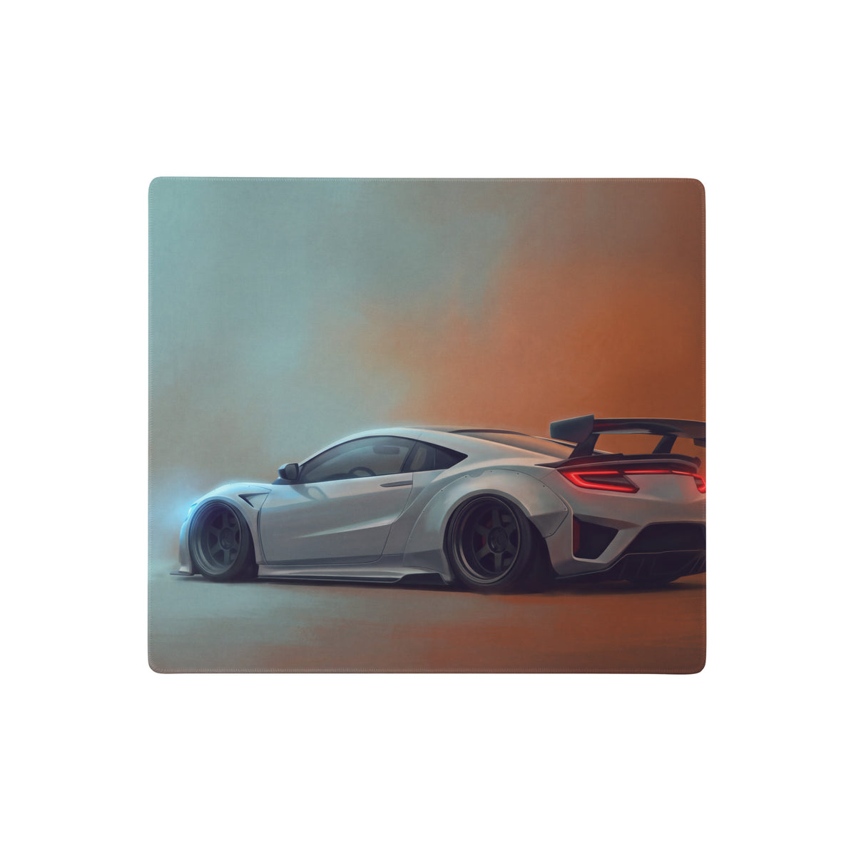 Silver acura nsx inspired pearl widebody desk pad with sleek sports car design and glowing red taillights for gaming
