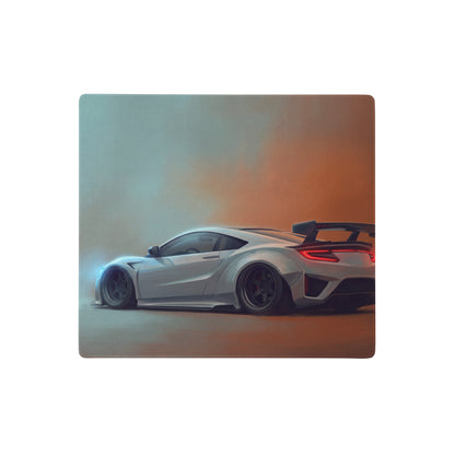 Silver acura nsx inspired pearl widebody desk pad with sleek sports car design and glowing red taillights for gaming