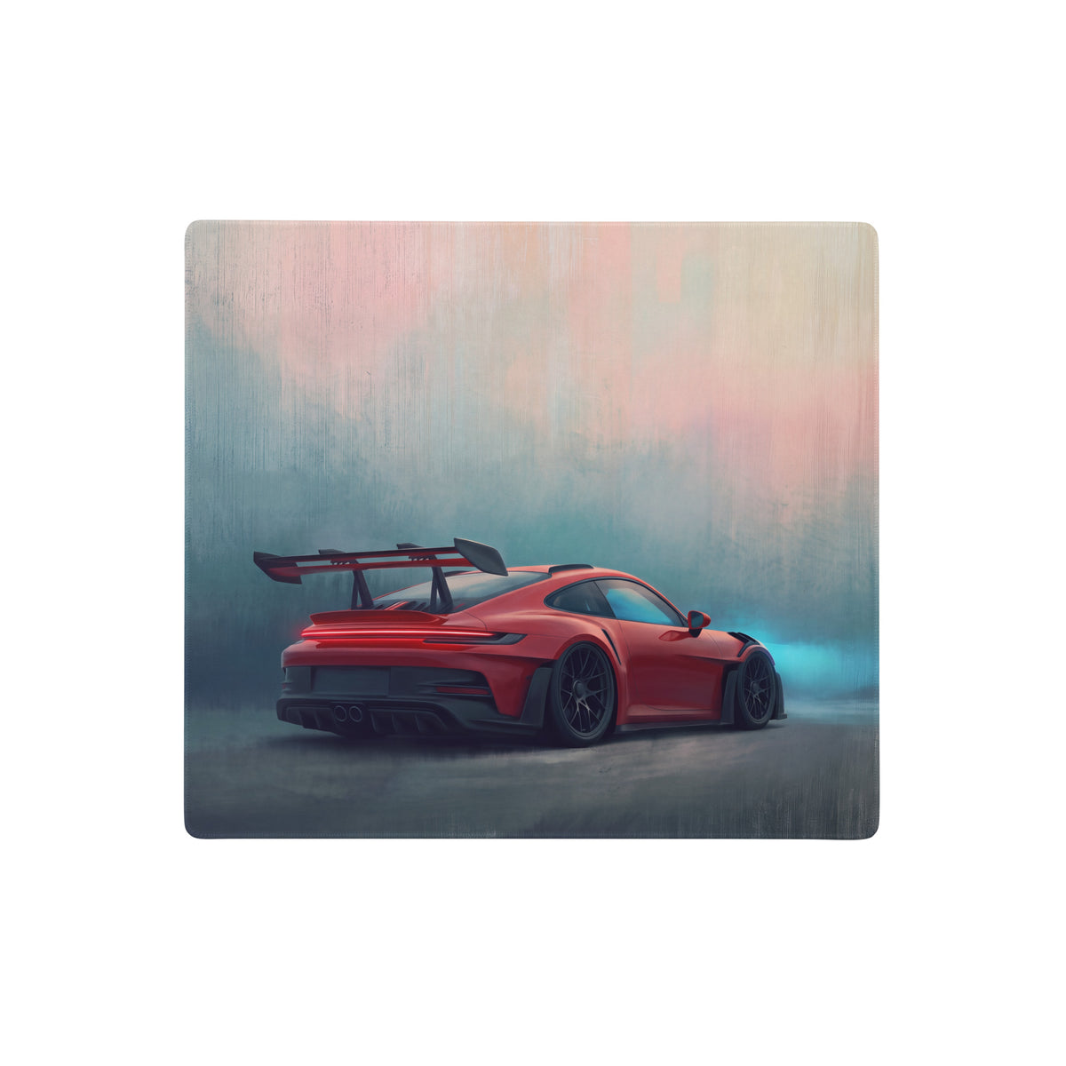 Red porsche 911 gt3 rs inspired crimson apex desk mat with painterly car illustration for xl gaming mousepad