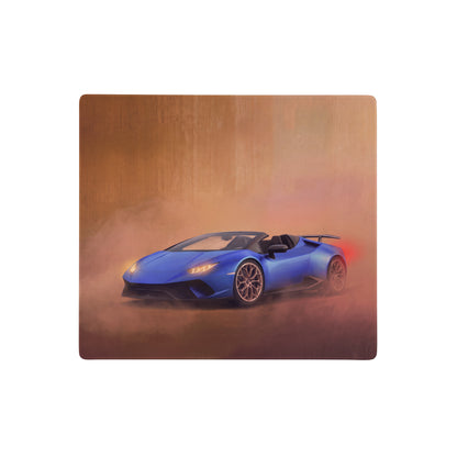 Blue lamborghini huracán convertible on a smoky rectangular wooden desk mat cobalt sunset xl gaming mousepad