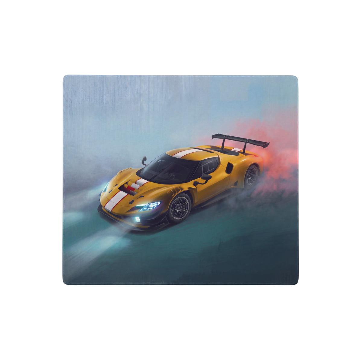 Ferrari 296 gt3 inspired giallo apex desk mat featuring a yellow race car with white stripes and black rear spoiler on cloth surface