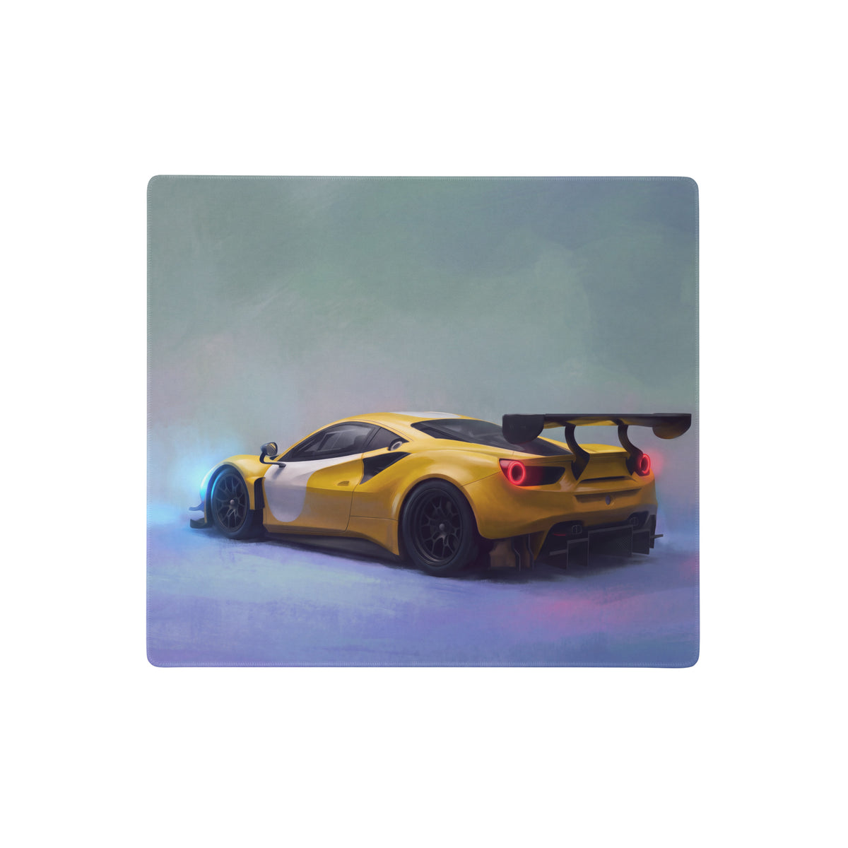 Yellow and white racing car graphic on ferrari 488 gt3 inspired modena circuit ultra glide stitched edge desk pad