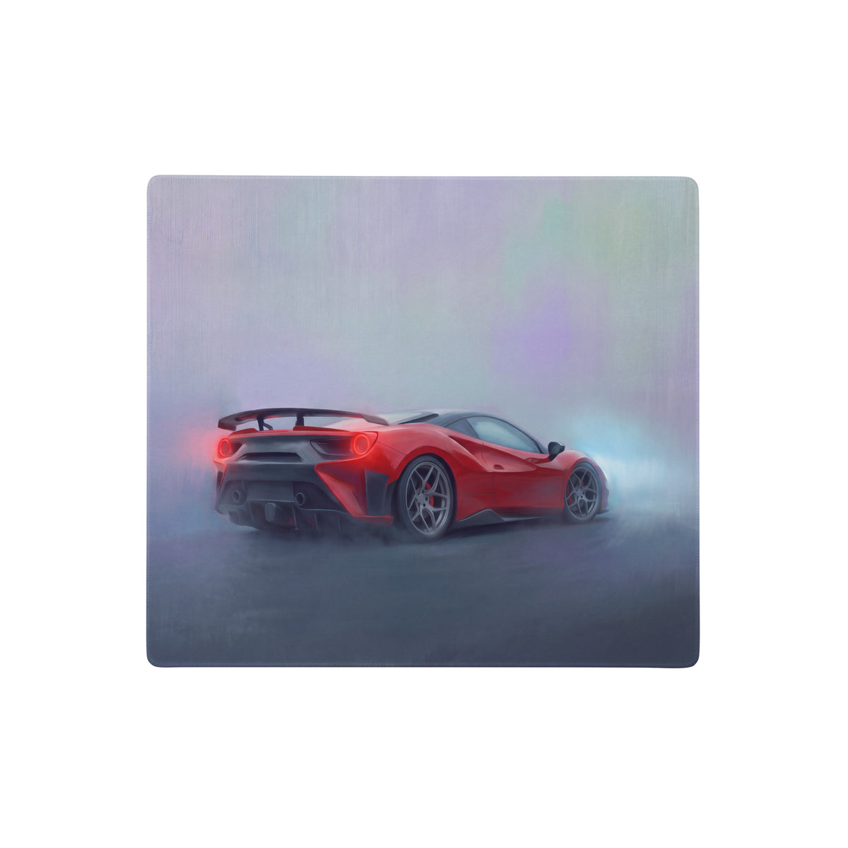 Red ferrari 488 pista inspired rosso mist desk mat with low friction cloth and dynamic smoky sports car design