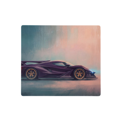 Apollo ie inspired midnight violet desk pad featuring a purple hypercar with gold rims on a stitched edge gaming mouse mat