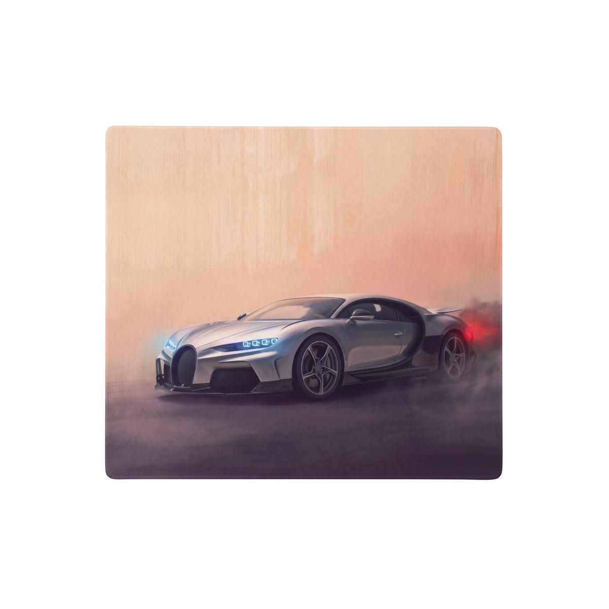 Silver bugatti chiron sports car on wooden plaque with glowing blue headlights and red taillights on xl gaming desk mat