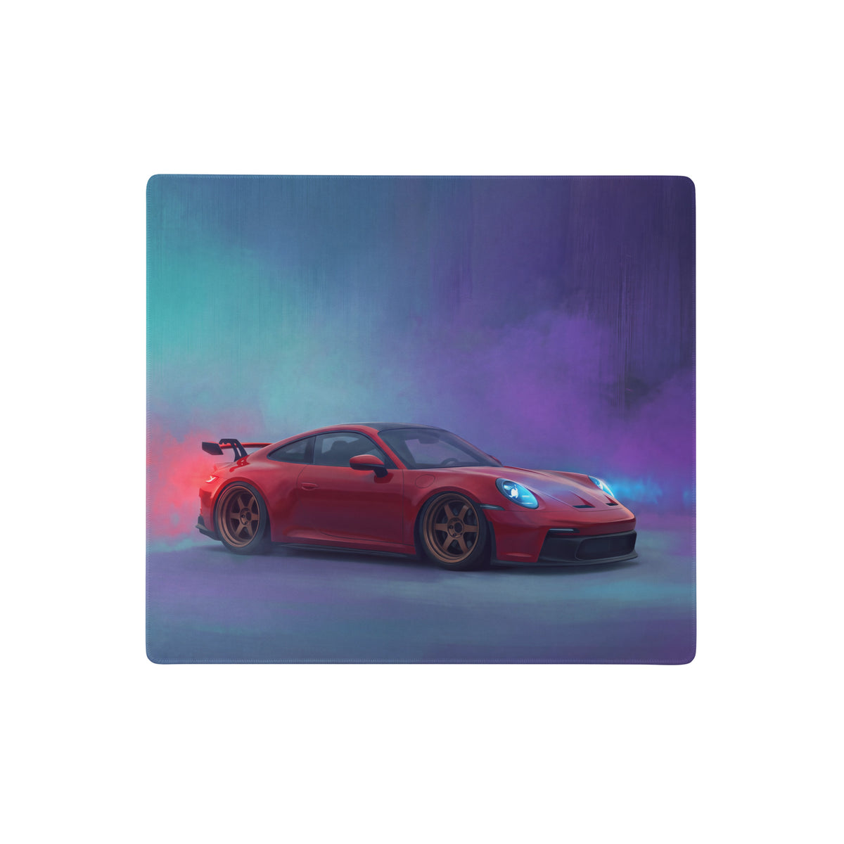 Red porsche 911 sports car with glowing blue headlights on a crimson drift desk pad extended non slip mouse mat