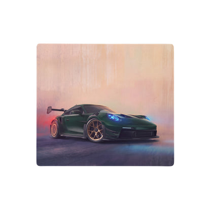 Dark green Porsche 911 GT3 RS with gold alloy wheels and blue headlights on forest gold stitched edge XL wooden mousepad