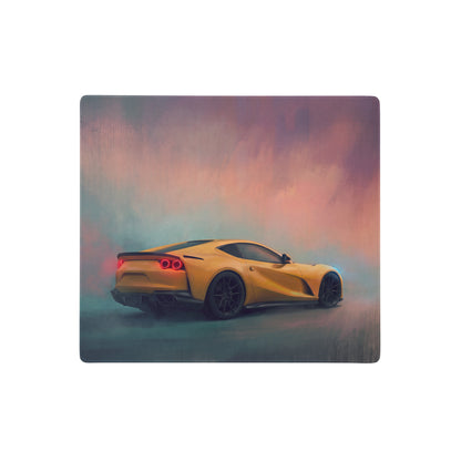 Yellow sports car illustration with glowing red taillights on Ferrari 812 Superfast inspired giallo sunset desk pad