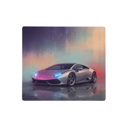 Silver Lamborghini Huracán inspired argento reflection desk mat with neon-lit digital artwork on ultra-glide cloth
