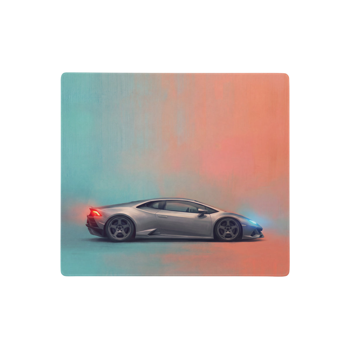 Silver lamborghini huracán inspired titanium profile desk mat with ultra-glide cloth surface and gradient car illustration