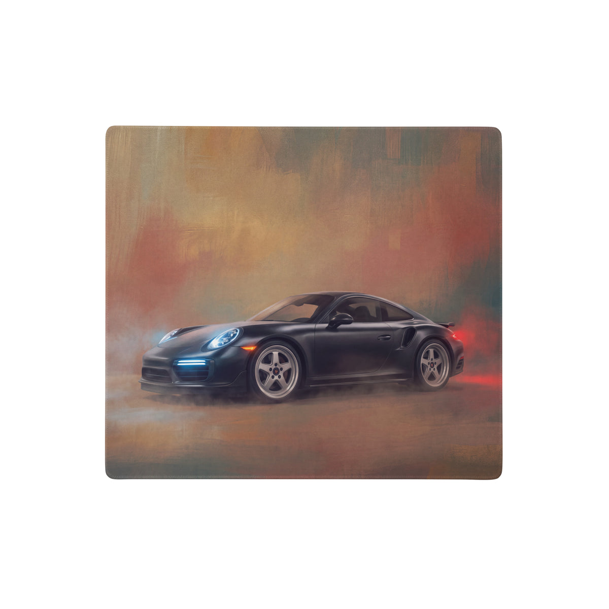 Black porsche 911 sports car with glowing blue headlights on a slate grey xl gaming mousepad inspired by turbo model