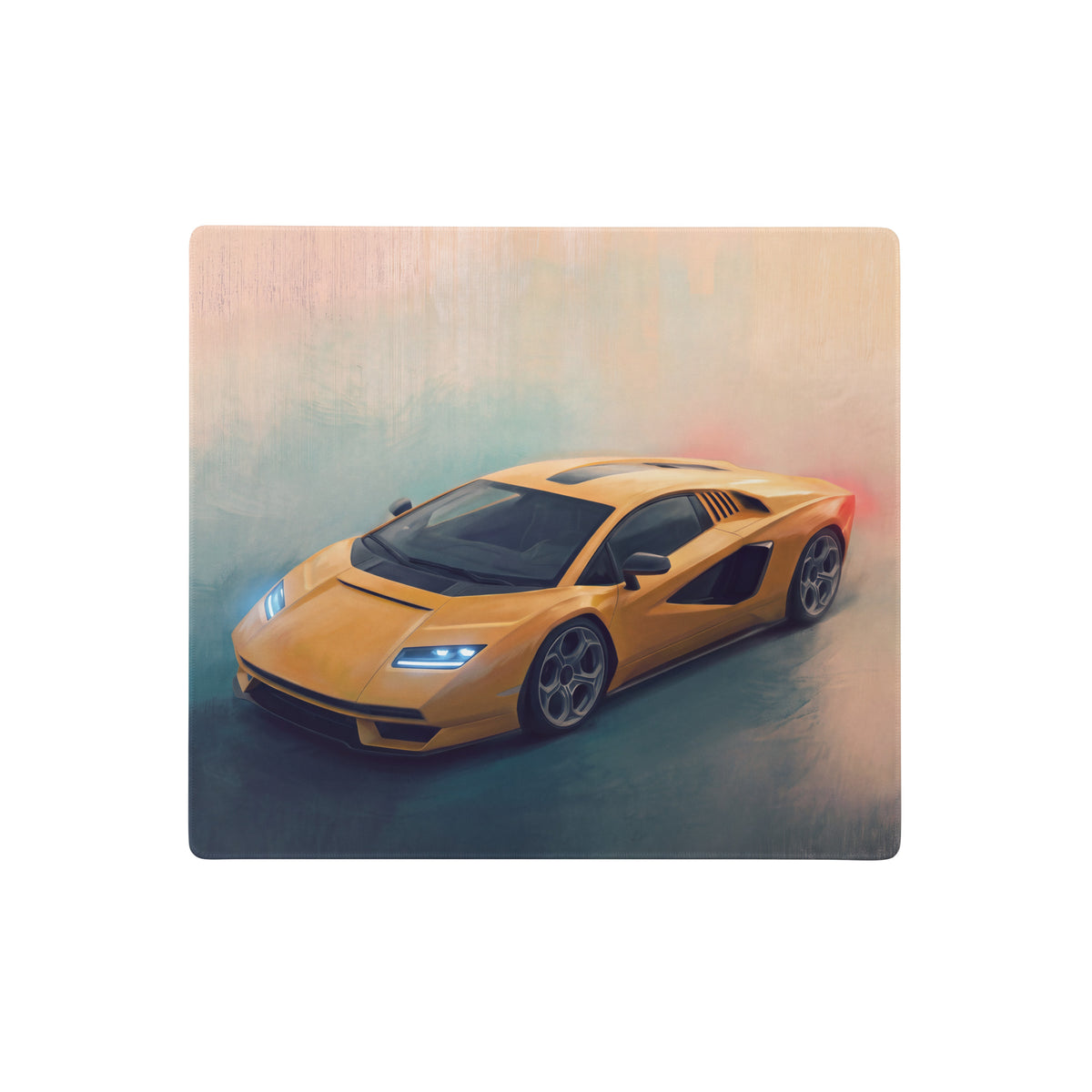 Vibrant yellow Lamborghini Countach inspired desk pad with non-slip rubber base and wooden mousepad illustration