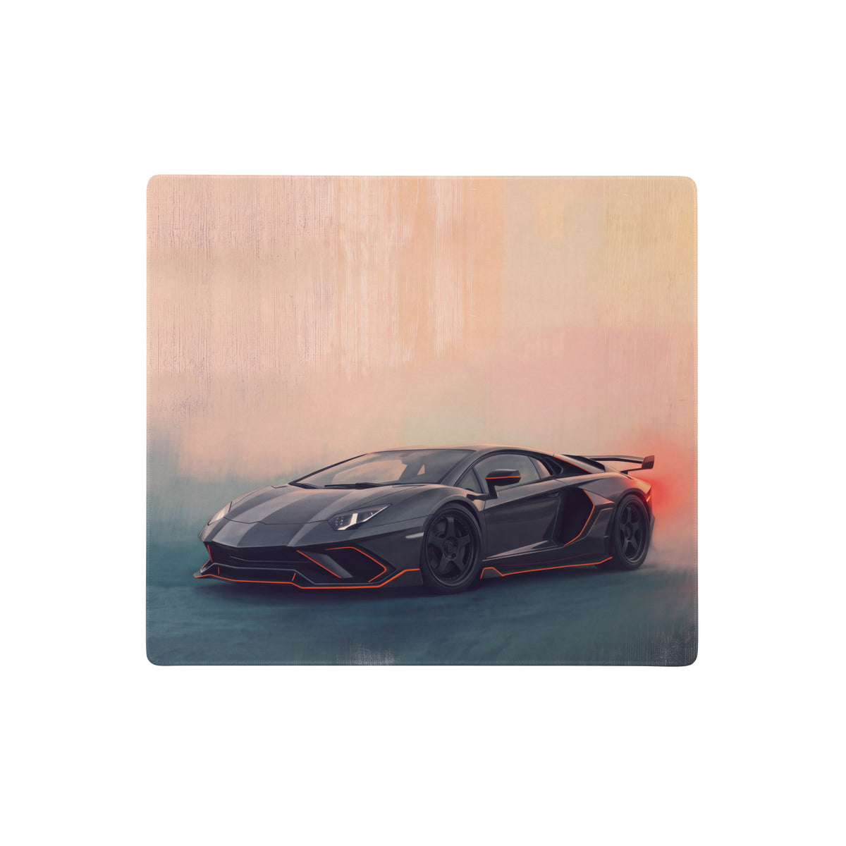 Black lamborghini aventador with orange accent trim on a rectangular wooden gaming mousepad desk mat