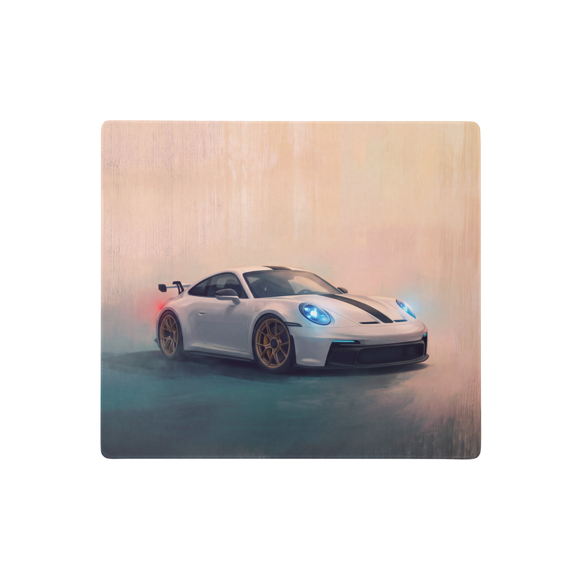 White porsche 911 gt3 with black racing stripes and gold wheels on a wooden surface on a white gold desk pad mouse mat