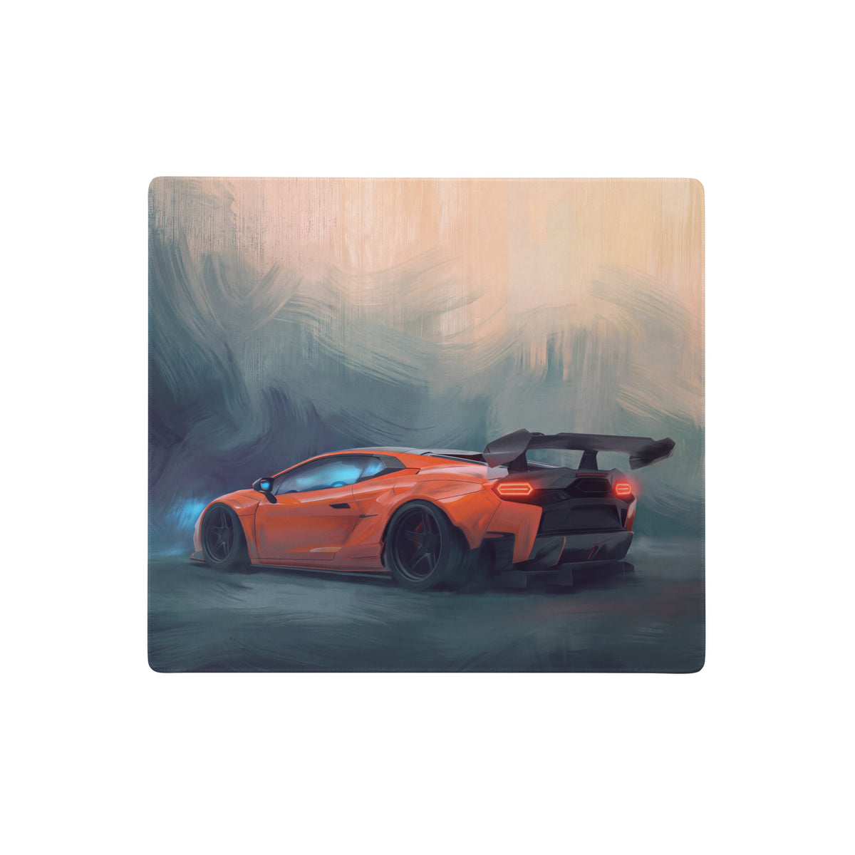 Custom lamborghini inspired arancio track desk pad featuring an orange sports car with black accents and rear spoiler