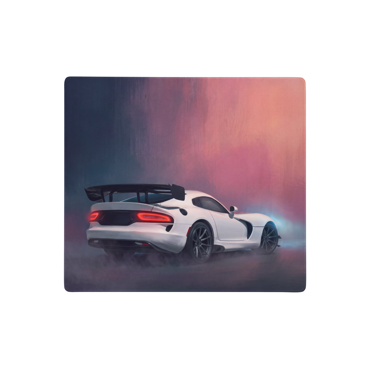 Dodge viper acr inspired pure white desk pad featuring a white sports car with sleek design and black racing spoiler illustration