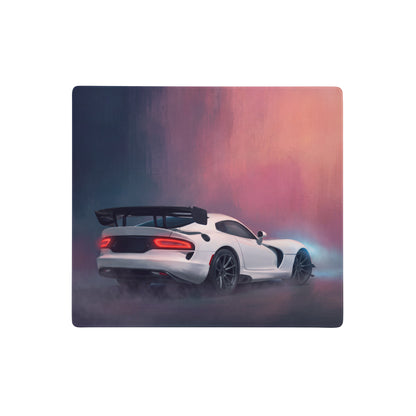 Dodge viper acr inspired pure white desk pad featuring a white sports car with sleek design and black racing spoiler illustration