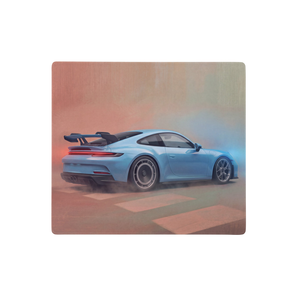 Light blue porsche 911 gt3 racing car illustration on a high-precision xl gaming desk mat mousepad