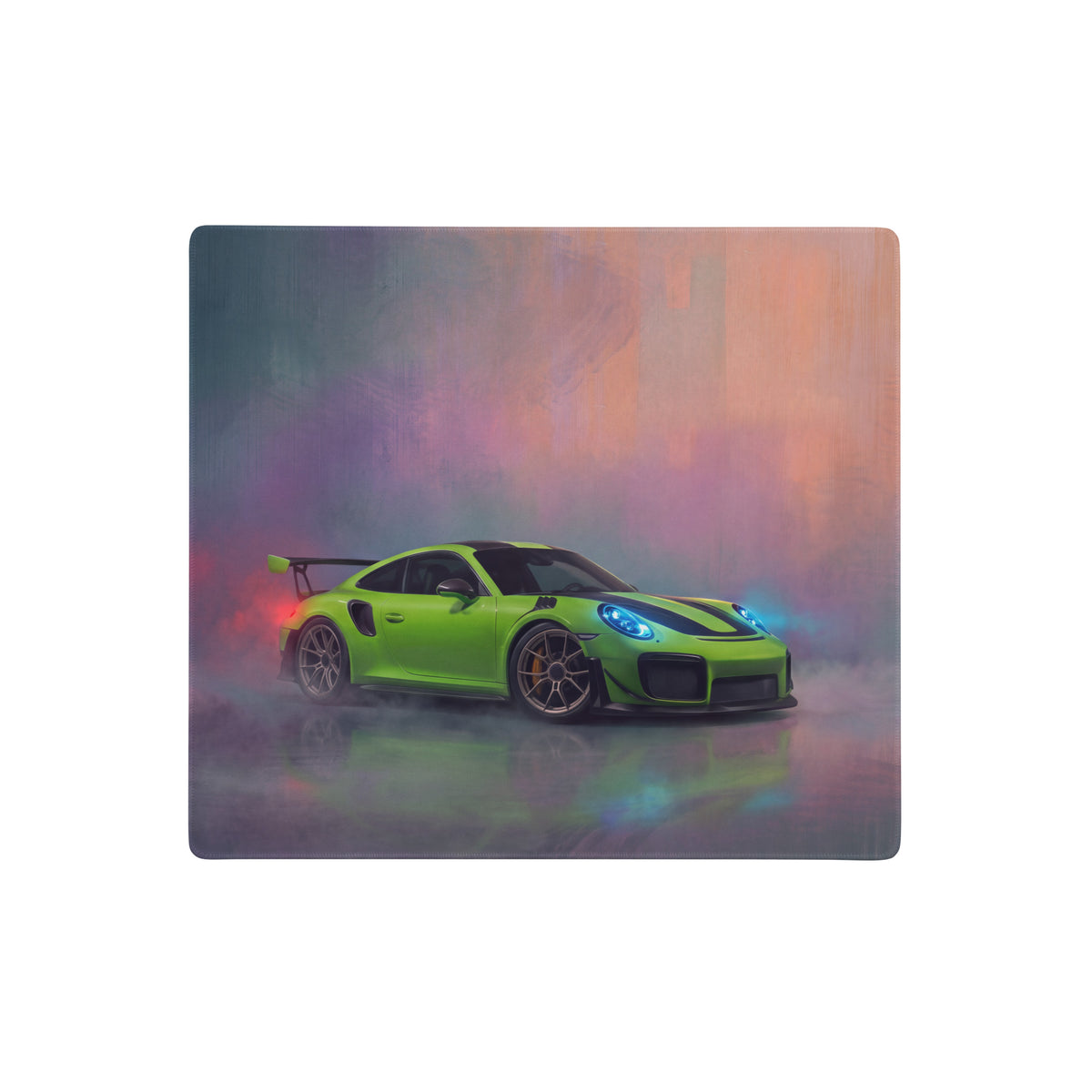 Vibrant lime green porsche 911 gt2 rs sports car graphic on non slip rubber base acid green desk pad mouse mat