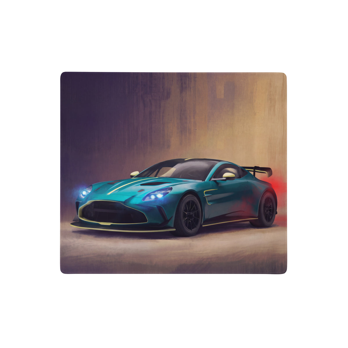 Aston Martin Vantage inspired racing green desk pad with non-slip rubber base featuring teal V12 Vanquish Zagato car artwork