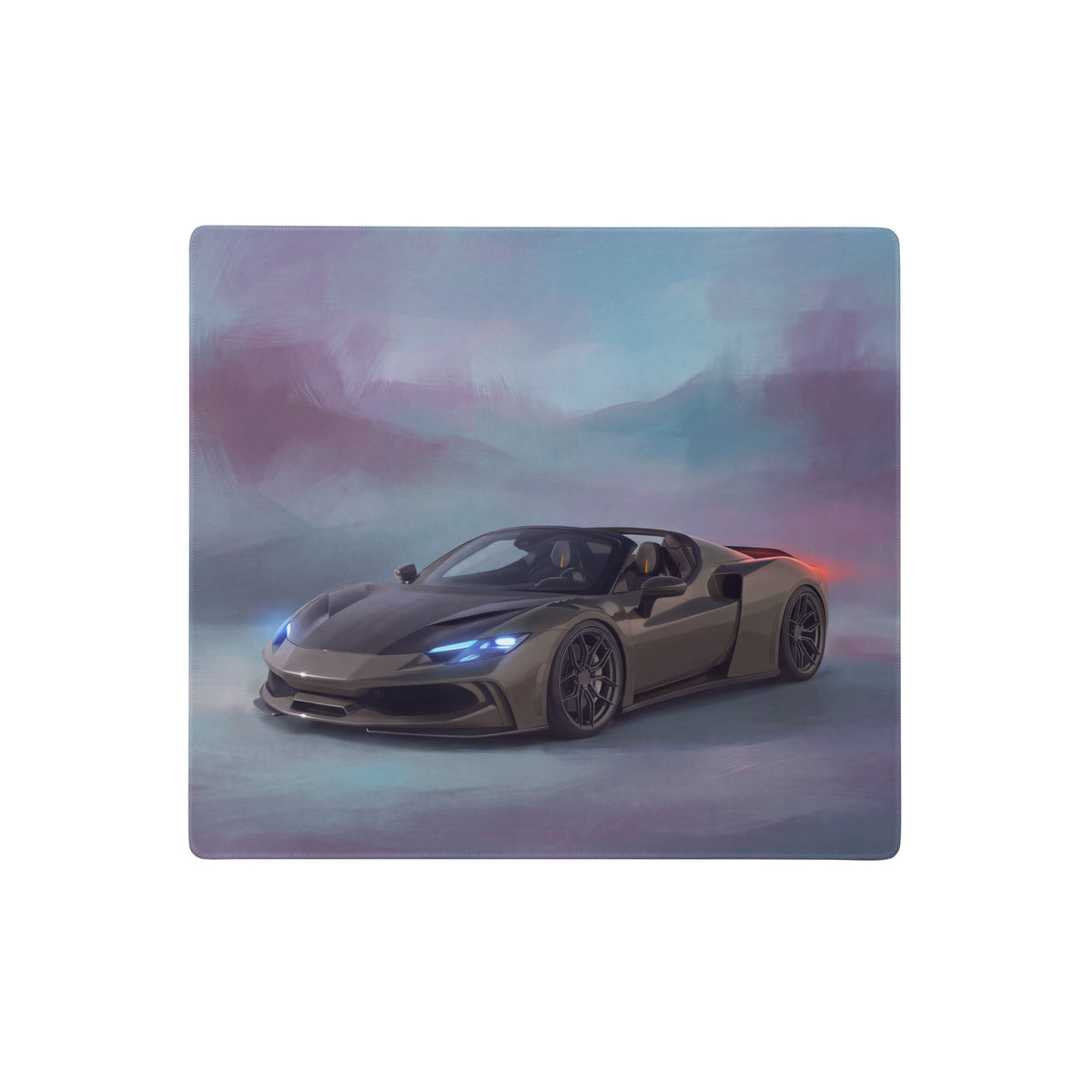 A sleek matte gray ferrari 296 gts inspired titanium edition desk mat with glowing blue headlights and red taillight design
