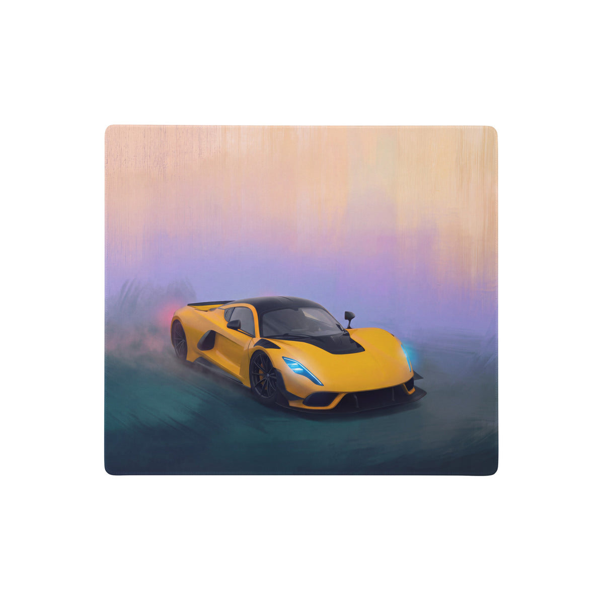 Yellow and black sports car illustration on wood plaque featured on hennessey venom f5 inspired solar yellow desk mat