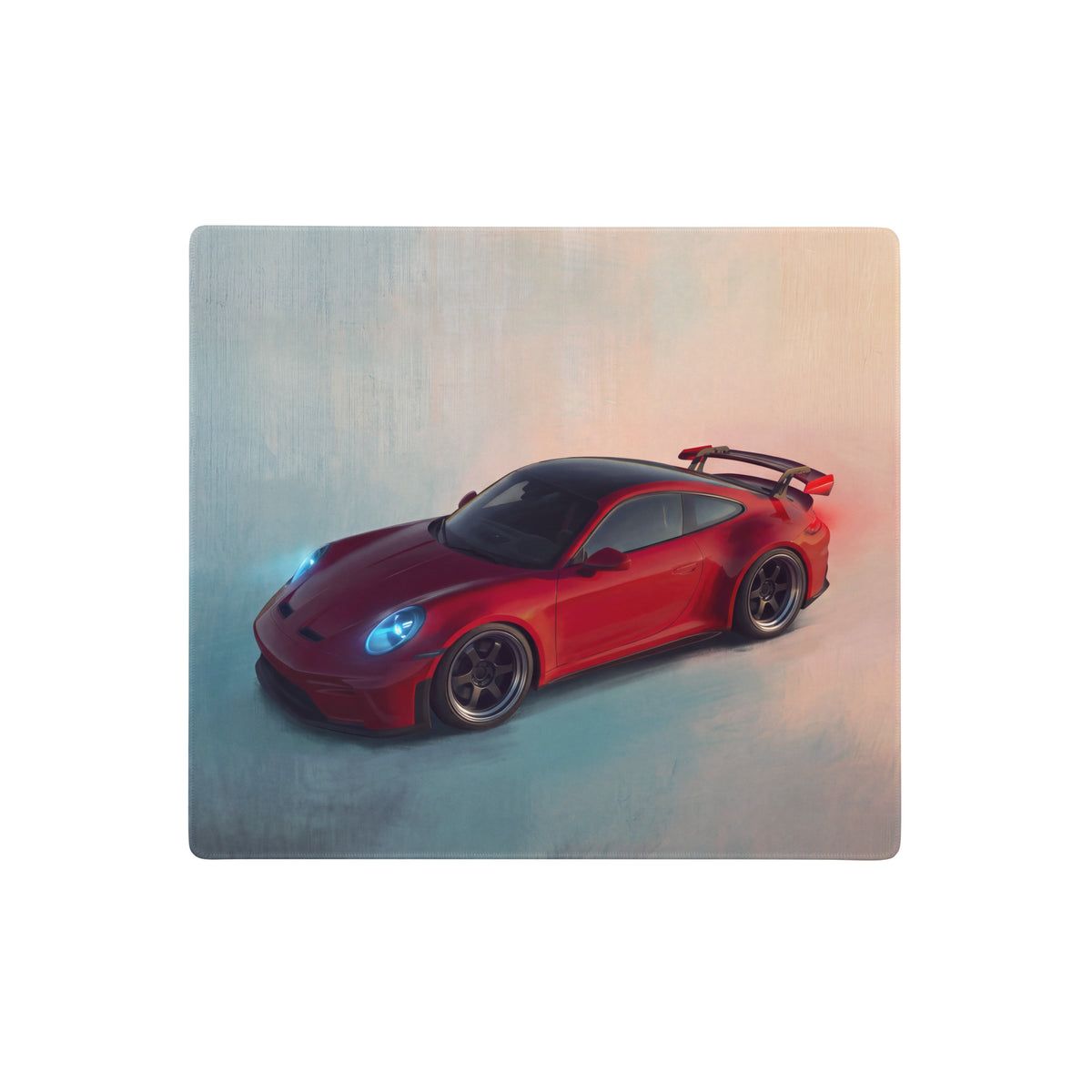 Vibrant red porsche 911 gt3 rs inspired crimson aerial desk mat with black roof and spoiler design for gaming mice