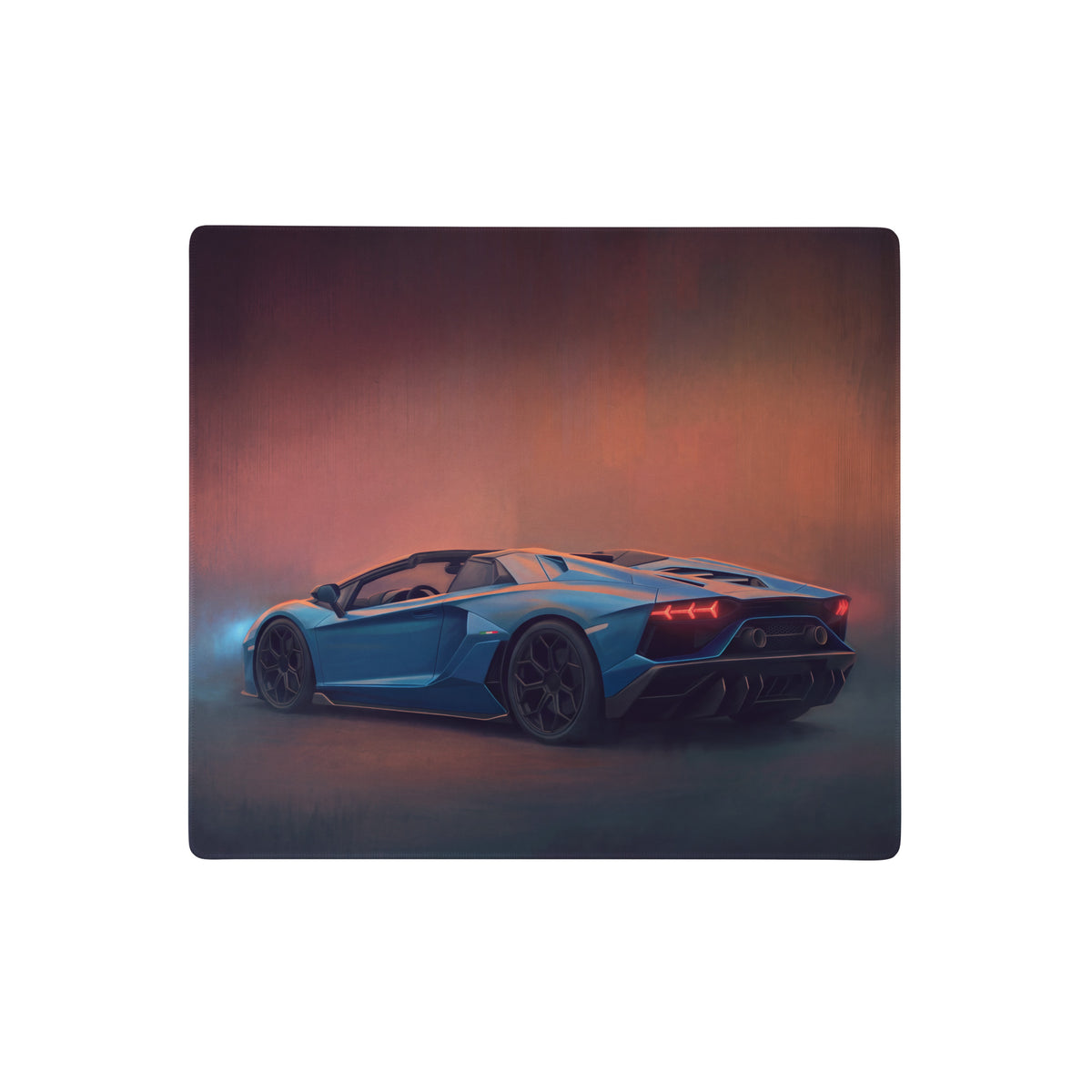 Lamborghini aventador roadster inspired azure desk mat with blue convertible art, glowing red taillights, and non-slip rubber