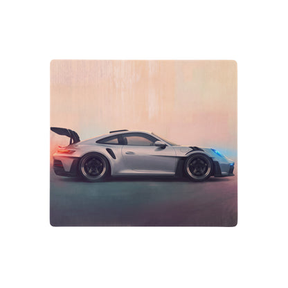 Silver porsche 911 gt3 rs sports car illustration on wooden plaque featured on stitched edge xl desk pad
