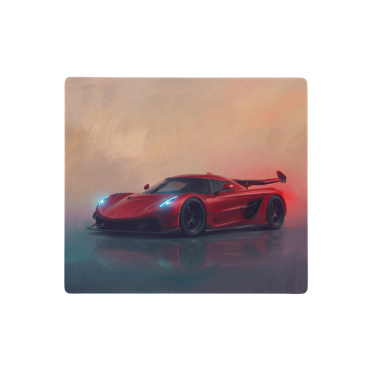 Stylized painterly illustration of a red koenigsegg jesko hypercar with glowing blue headlights on cherry red desk pad