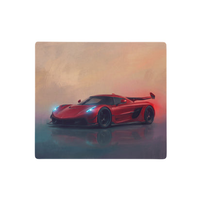 Stylized painterly illustration of a red koenigsegg jesko hypercar with glowing blue headlights on cherry red desk pad