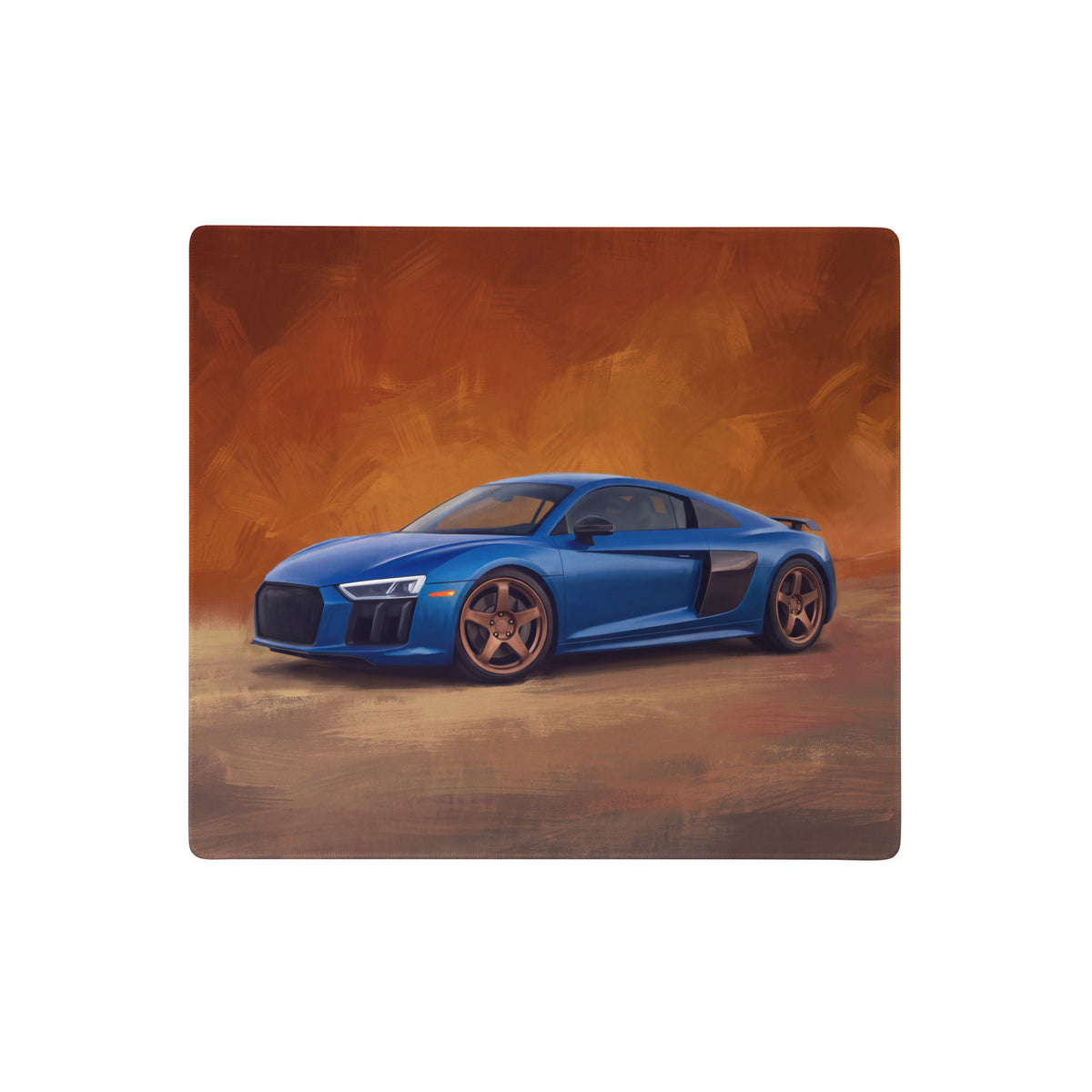 Audi r8 inspired sepang blue desk pad with non slip rubber base featuring a blue audi r8 with bronze wheels on orange background