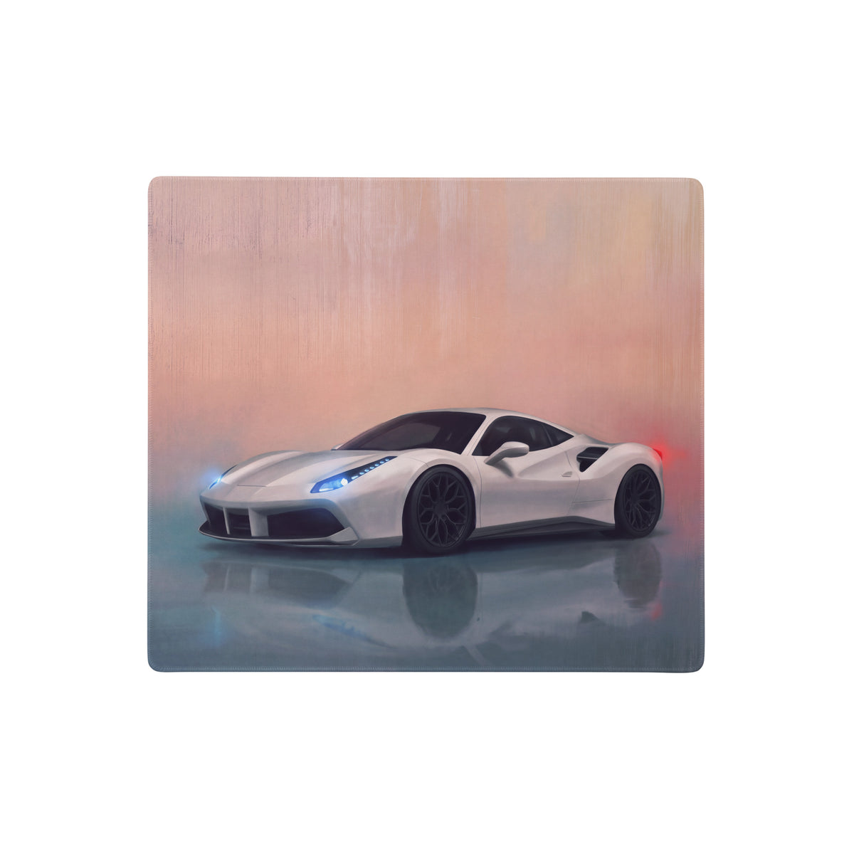 Ferrari 488 gtb inspired bianco edition desk mat with white ferrari sports car and glowing blue headlights on canvas