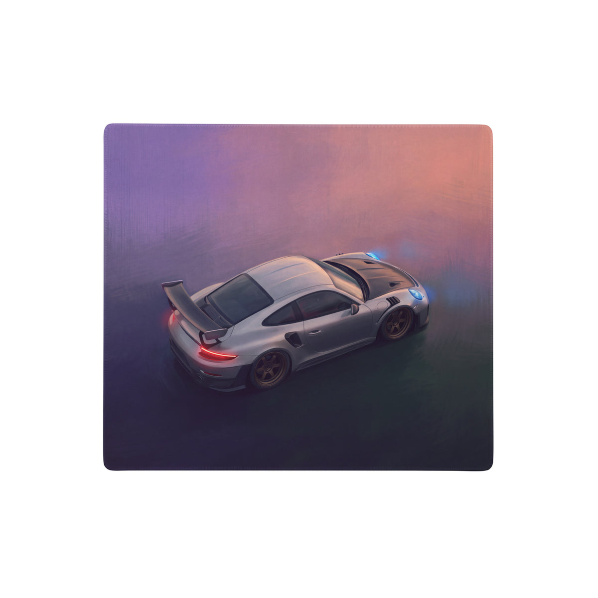 Silver porsche 911 gt3 rs sports car illustration on a low-friction rectangular gaming desk mat mousepad