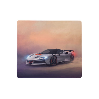 White ferrari sf90 xx stradale inspired track edition desk mat with red accents and black wheels on premium cloth