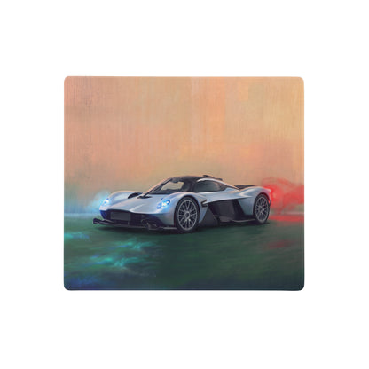Silver and black aston martin valkyrie sports car illustration on wooden low friction aero edition gaming desk mat