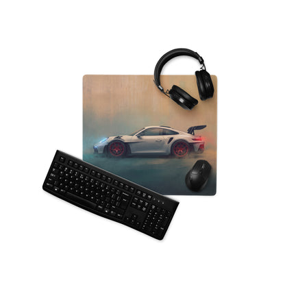 Porsche 911 GT3 RS Inspired Gaming Mouse Pad – Silver Sports Car with Red Wheels Desk Mat