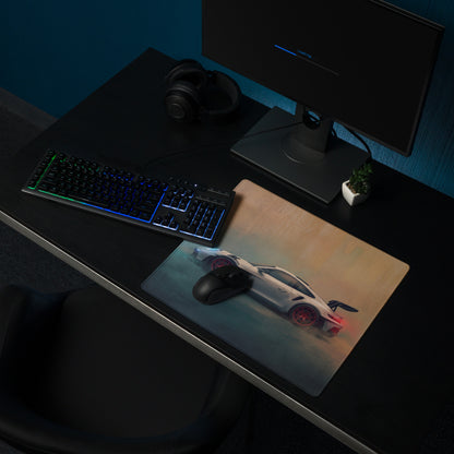 Porsche 911 GT3 RS Inspired Gaming Mouse Pad – Silver Sports Car with Red Wheels Desk Mat